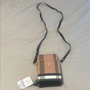 Striped Brown and Black Messenger Phone Bag with Gold Accent